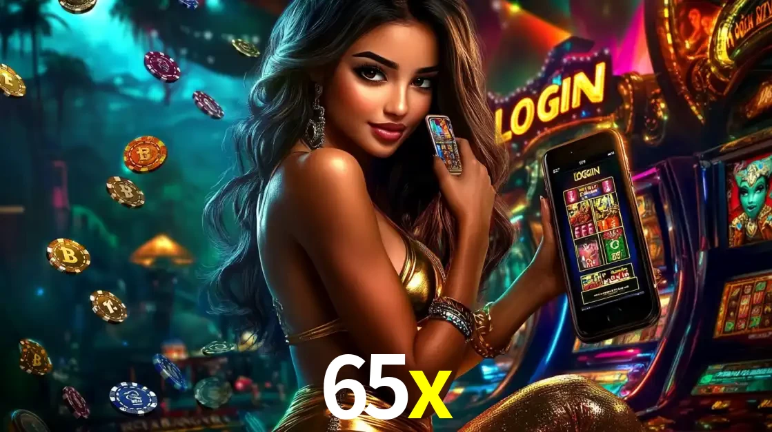 Mulher em um cenário de cassino temático de aventura, mostrando o app de caça-níqueis da 65x no celular. Fichas de apostas flutuam ao redor.