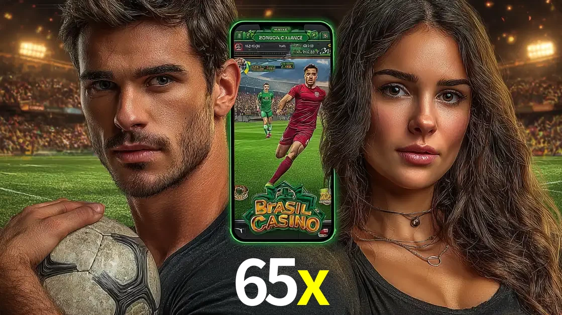 Homem segurando uma bola de futebol e uma mulher ao lado de um smartphone exibindo o jogo de apostas esportivas da 65x. Faça seu palpite no cassino online.